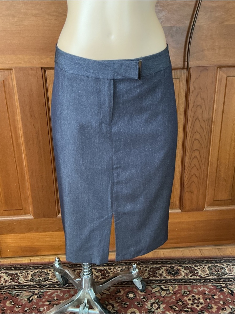 Rafaella straight, lined, belted look, below knee, grayish blue skirt.